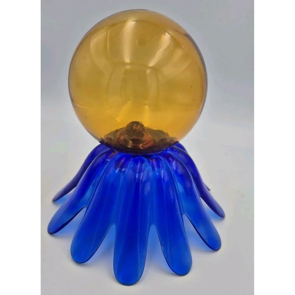 Cobalt Blue Heavy Art Glass Lotus Unique Candle Holder Vintage/ Amber Globe